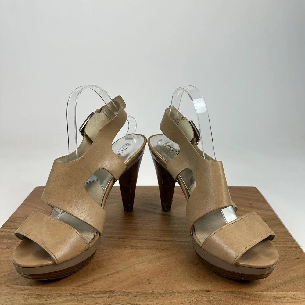 Womens‎ Michael Kors Carla Beige Leather Heeled Platform Sandals Size 11 M GUC